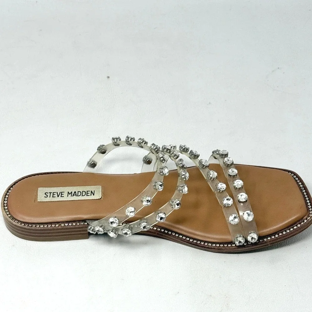 Steve Madden Skyler Clear Rhinestone Strappy Flat Sandal Tan 8M Glam Going Out
